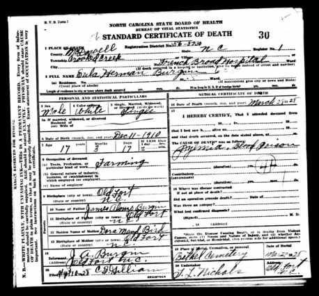 Eula Herman Burgin death certificate